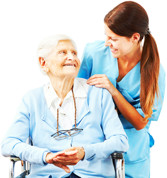 caregiver and senior woman on wheelchair smiling